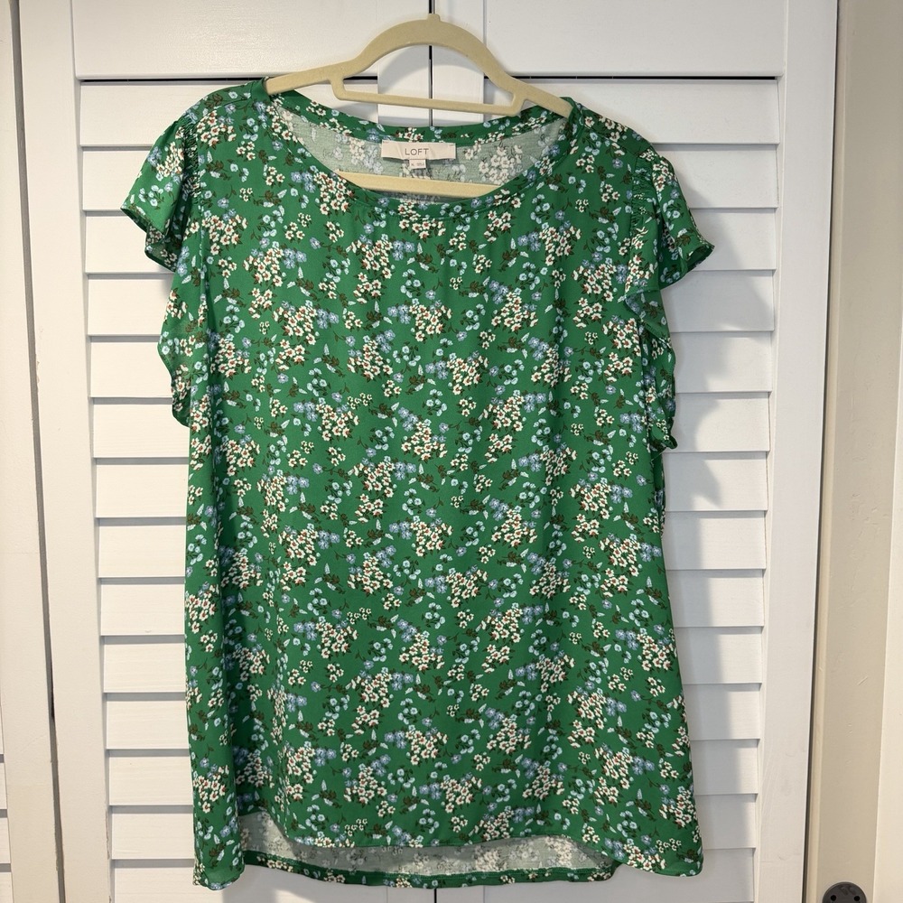 LOFT‎ Green Floral Ruffle Sleeve Blouse Women XL Lightweight Flowy Top